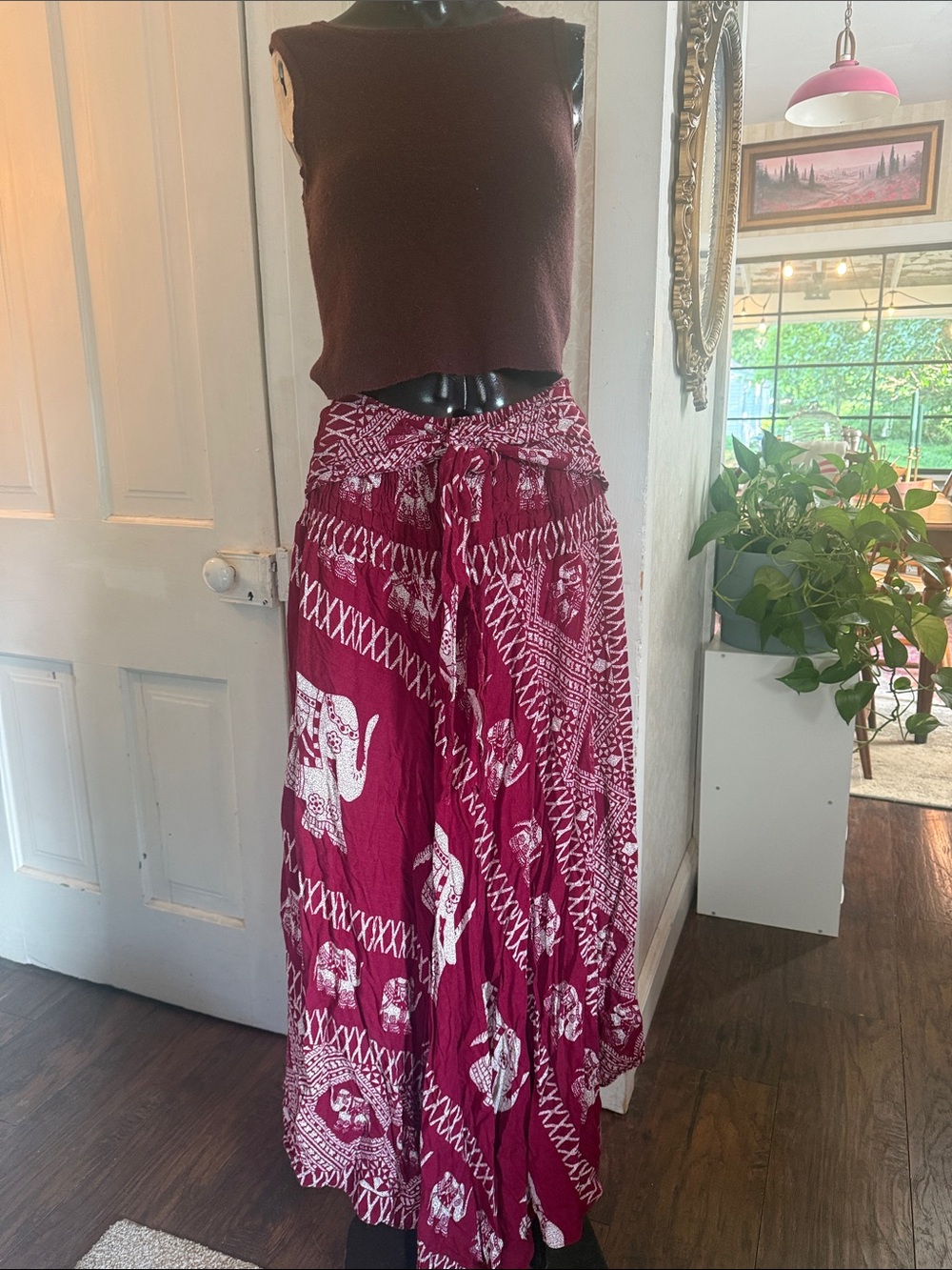 Bangkok Maroon Asymmetrical Elephant Handkerchief Midi Skirt Fair Trade Large